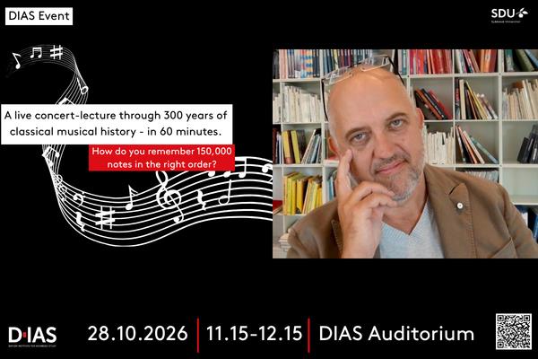 <strong>About the lecture:</strong><br>The concert and lecture will present 300 years of musical history through compositionsfrom the vast and rich piano repertoire. Masterpieces by Johann Sebastian Bach, Ludwig van Beethoven,Franz Liszt, and Claude Debussy will be performed and analysed to deepen both ourunderstanding and emotional perception of the music. Birch’s <em>Astronomic Piano Pieces</em> willtake the audience on a journey into space, thereby demonstrating a highly interesting, innovative,and unorthodox approach to music-making.All aspects of this remarkable instrument and its many possibilities will be explored — notonly the music itself, but also the piano’s technical development in relation to broader politicaland cultural movements throughout history.<br><br><strong>About the speaker:</strong><br><strong>SVEN BIRCH</strong> was born in Denmark and studied piano at the DJM in Aarhus, where he graduated with a soloist diploma. Thanks to numerous scholarships, he was able to continue his studies in Vienna with Prof. Alexander Jenner. In addition, he attended masterclasses with renowned pianists such as Tatiana Nikolayeva, Conrad Hansen, John Lill, and Peter Feuchtwanger.As a sought-after pianist, Birch possesses an extensive repertoire ranging from the Renaissance to contemporary music. He is active as a soloist, chamber musician, accompanist, and composer, and has performed throughout Europe, North and South America, and Asia. Among his major projects is the performance of the complete cycle of Beethoven’s 32 piano sonatas.Since 1992, Professor Sven Birch has been teaching at the Anton Bruckner Private University in Linz. From 1996 to 2004, he also taught at the Mozarteum University in Salzburg.He is a member of the George Crumb Trio Linz and the Georgiadis-Birch flute and piano duo. He regularly conducts concerts and projects, and he serves as the conductor and artistic director of the ensemble Lézard aux Plumes in Linz.He is frequently invited to give masterclasses and workshops (Sibelius Academy Helsinki, Chopin Academy Warsaw, Royal Academy Manchester, as well as universities in Buenos Aires, Rio de Janeiro, Beijing, Riga, Tallinn, Aarhus, Rome, Milan, and Seville) and has produced numerous CD, television, and radio recordings.<br><br>The event is organized by <a data-cke-saved-href="https://www.sdu.dk/en/forskning/dias/people/chairs/anne-marie-mai" href="https://www.sdu.dk/en/forskning/dias/people/chairs/anne-marie-mai">Anne-Marie Mai</a> &amp; <a data-cke-saved-href="https://www.sdu.dk/en/forskning/dias/people/administration/andreas-haagen-birch" href="https://www.sdu.dk/en/forskning/dias/people/administration/andreas-haagen-birch">Andreas Birch</a>